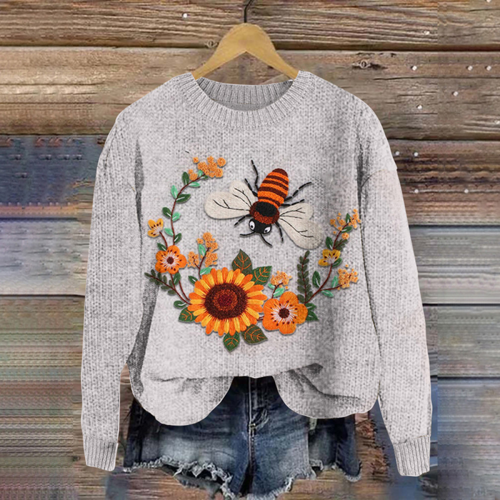 Beginners Bees And Flowers Embroidery Pattern Knit Art Cozy Crew Neck Sweater