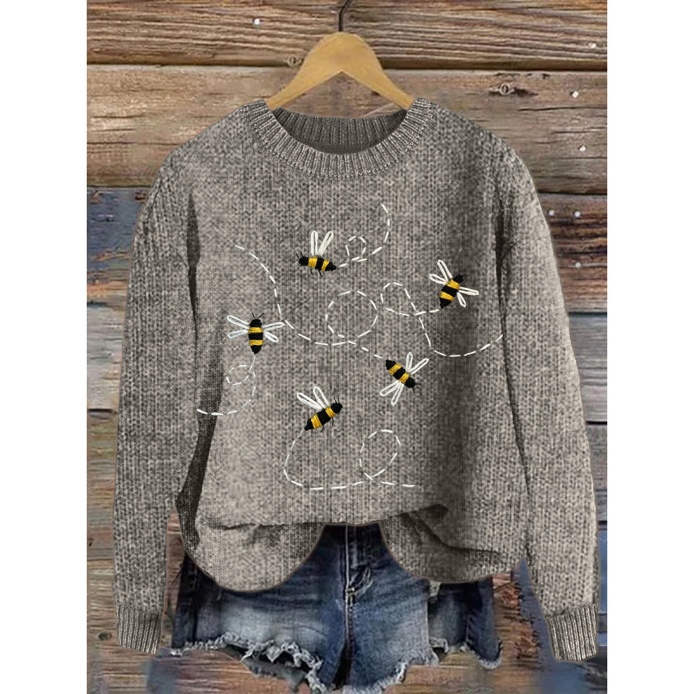 Busy Bees Embroidery Art Cozy Knit Sweater