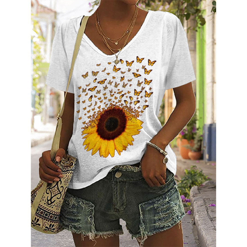 Butterflies Sunflower Art V Neck T Shirt