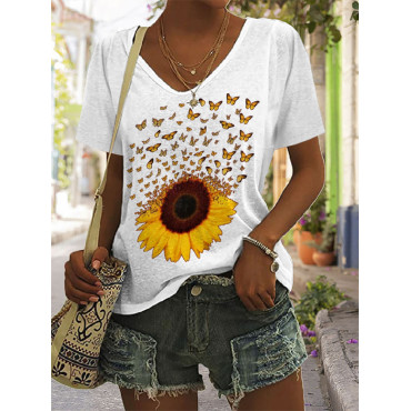 Butterflies Sunflower Art V Neck T Shirt