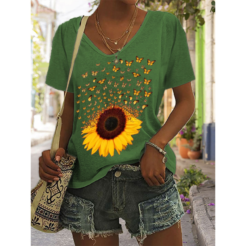 Butterflies Sunflower Art V Neck T Shirt