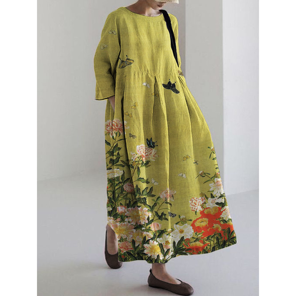 Butterflies among Flowers Japanese Art Linen Blend Maxi Dress