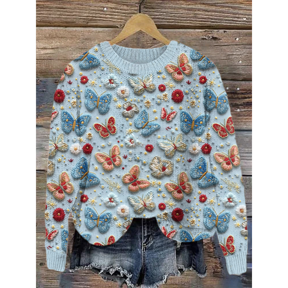 Butterflies & Flowers Embroidery Art Cozy Knit Sweater