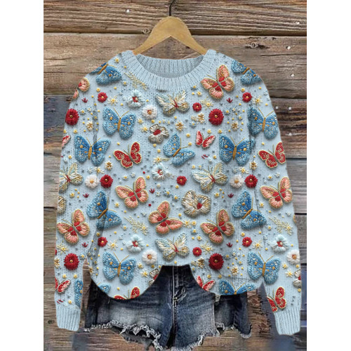 Butterflies & Flowers Embroidery Art Cozy Knit Sweater