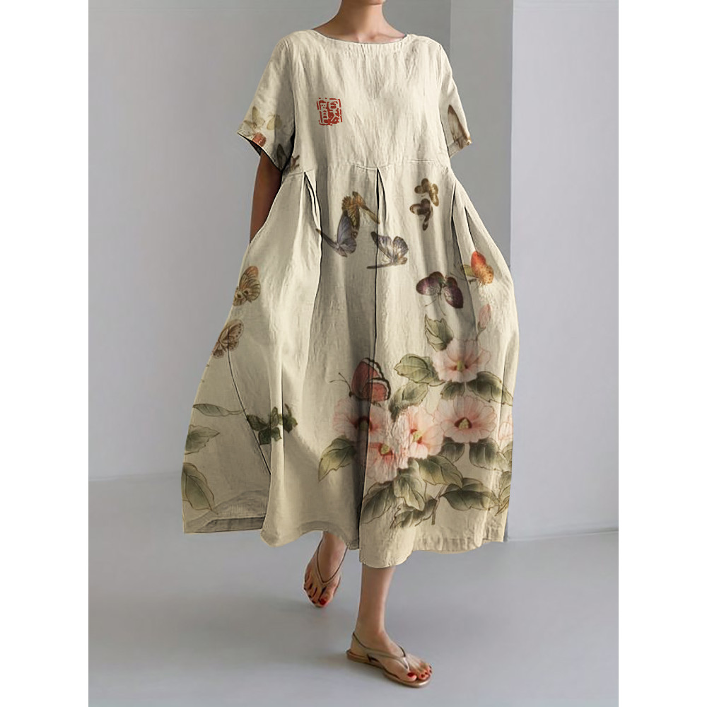 Butterflies & Flowers Japanese Art Linen Blend Maxi Dress