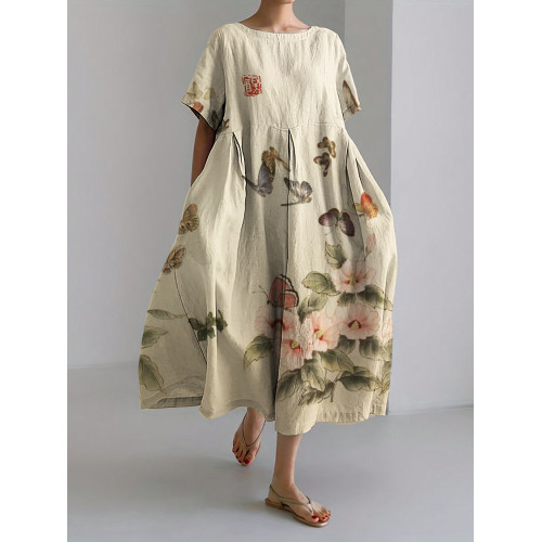 Butterflies & Flowers Japanese Art Linen Blend Maxi Dress