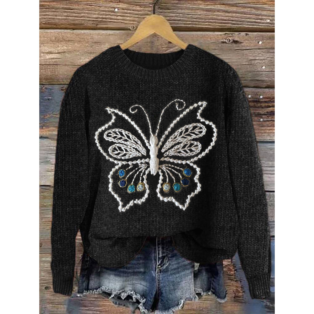 Butterfly Embroidery Art Casual Cozy Knit Sweater