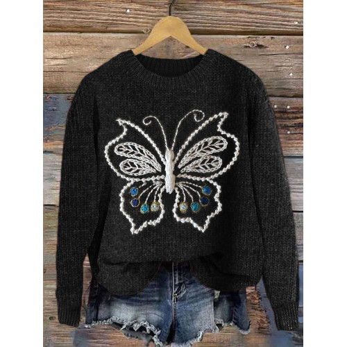 Butterfly Embroidery Art Casual Cozy Knit Sweater