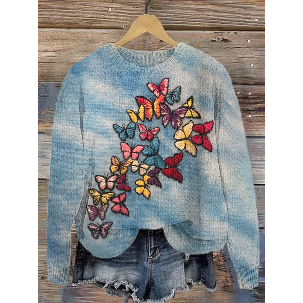Butterfly Embroidery Art Casual Cozy Knit Sweater