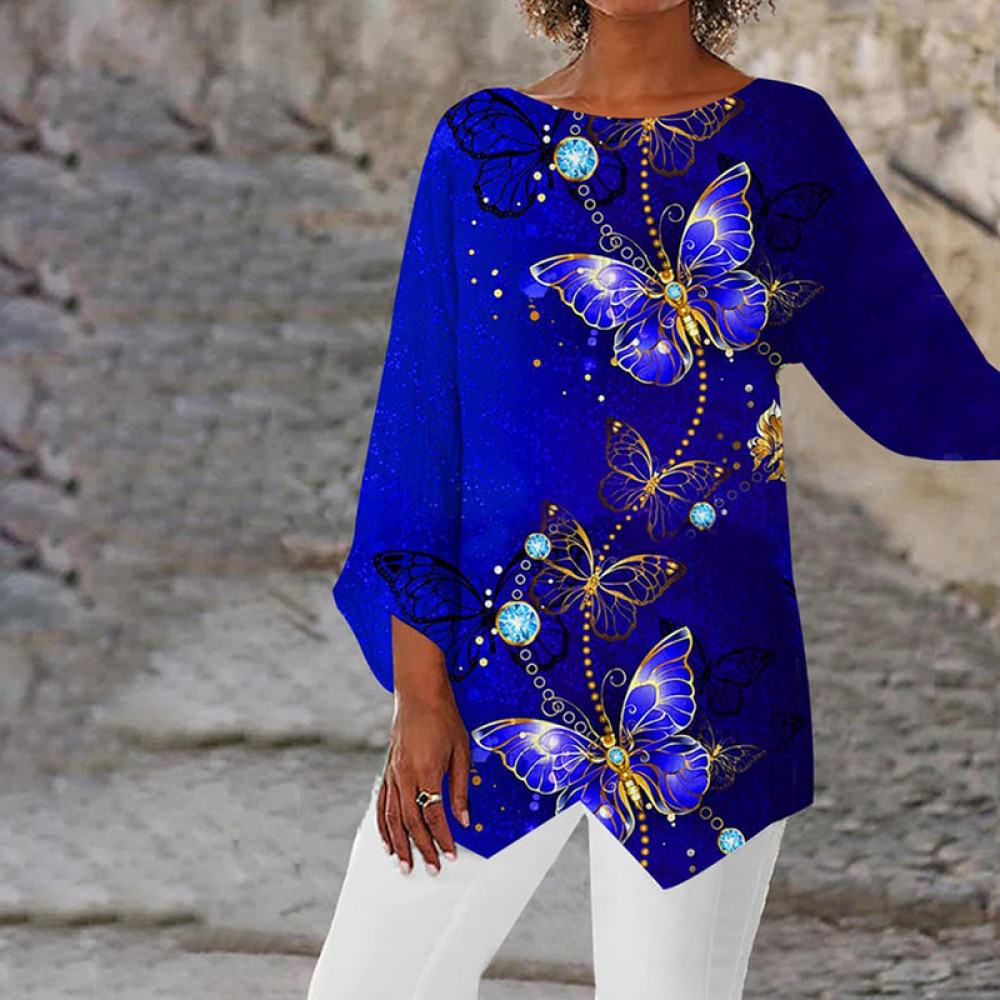 Butterfly Print Irregular Hem Casual T-Shirt
