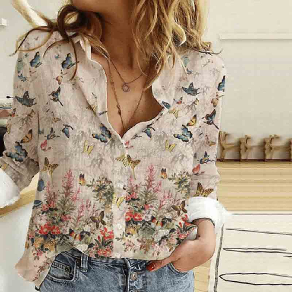 Butterfly Print Long Sleeve Casual Shirt