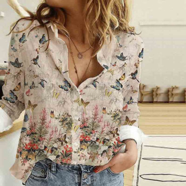 Butterfly Print Long Sleeve Casual Shirt