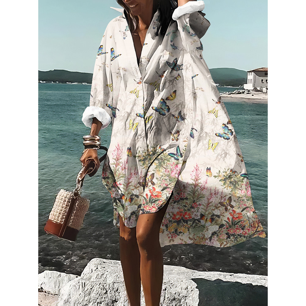 Butterfly Print Long Sleeve Shirt Midi Dress