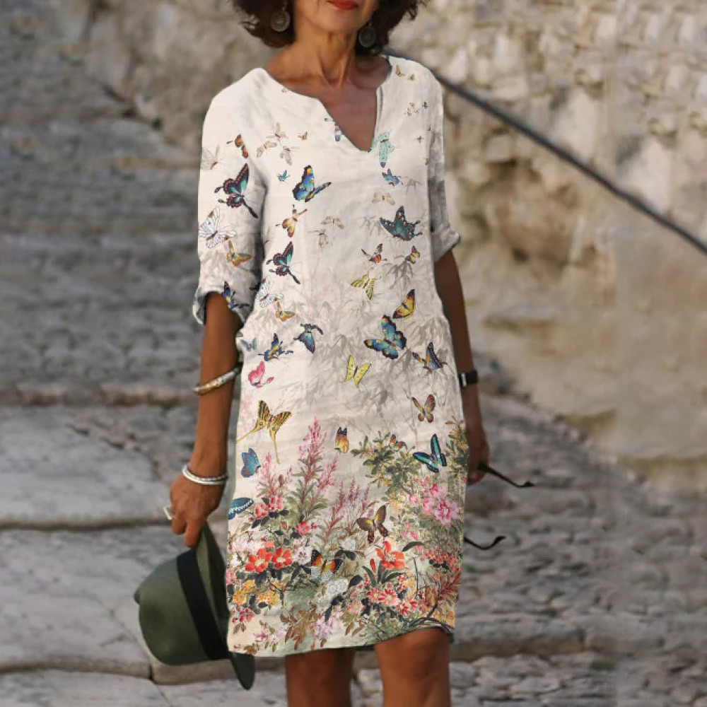 Butterfly Print V-Neck Casual Midi Dress
