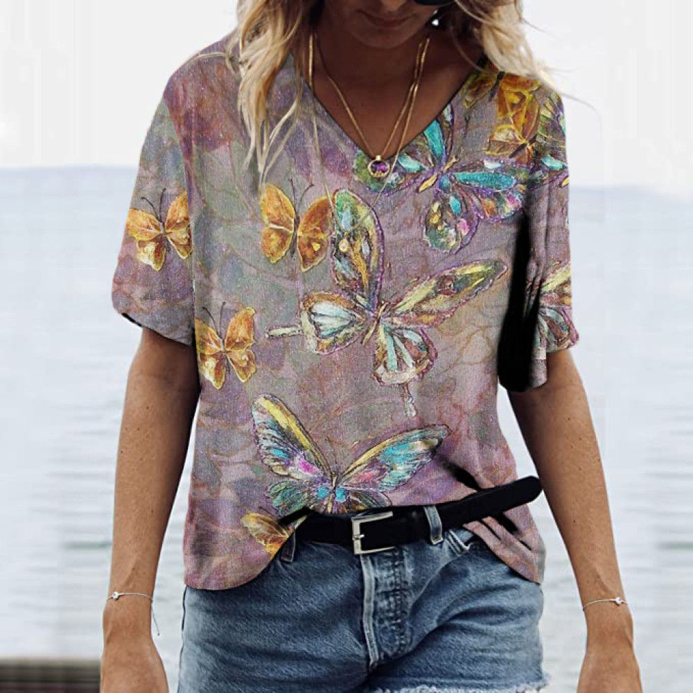 Butterfly Print V Neck Casual T-Shirt