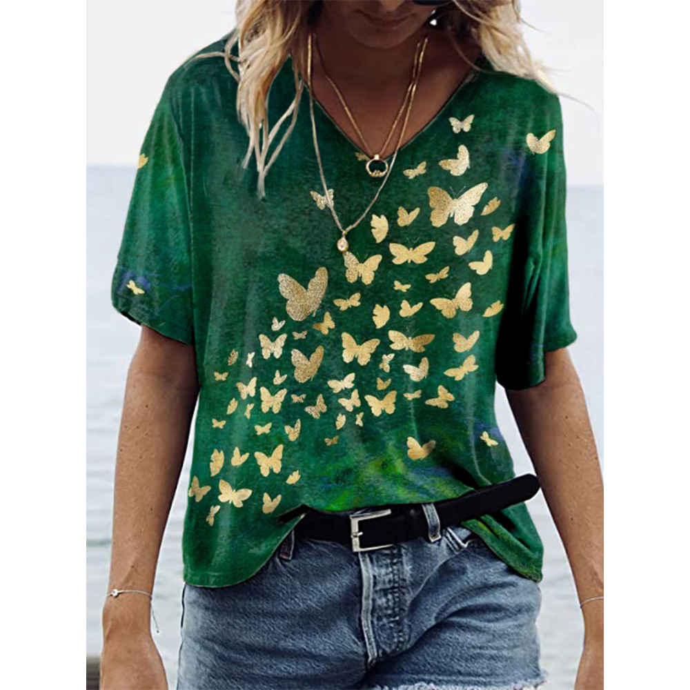 Butterfly Print V-Neck T-Shirt