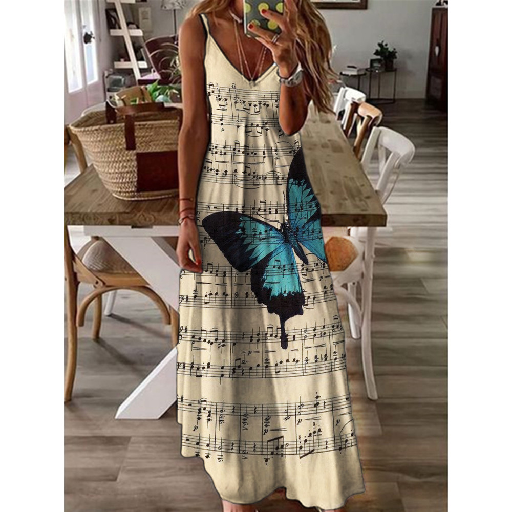 Butterfly on Sheet Music V Neck Cami Maxi Dress