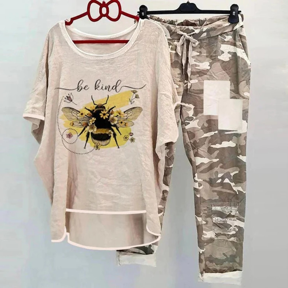 Casual Be Kind Bee Print Round Neck Two-Piece Set