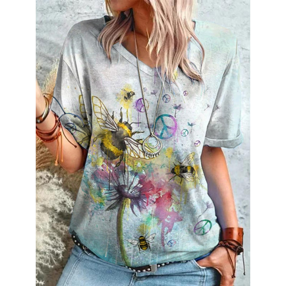 Casual Bee Peace Symbol Print T-Shirt