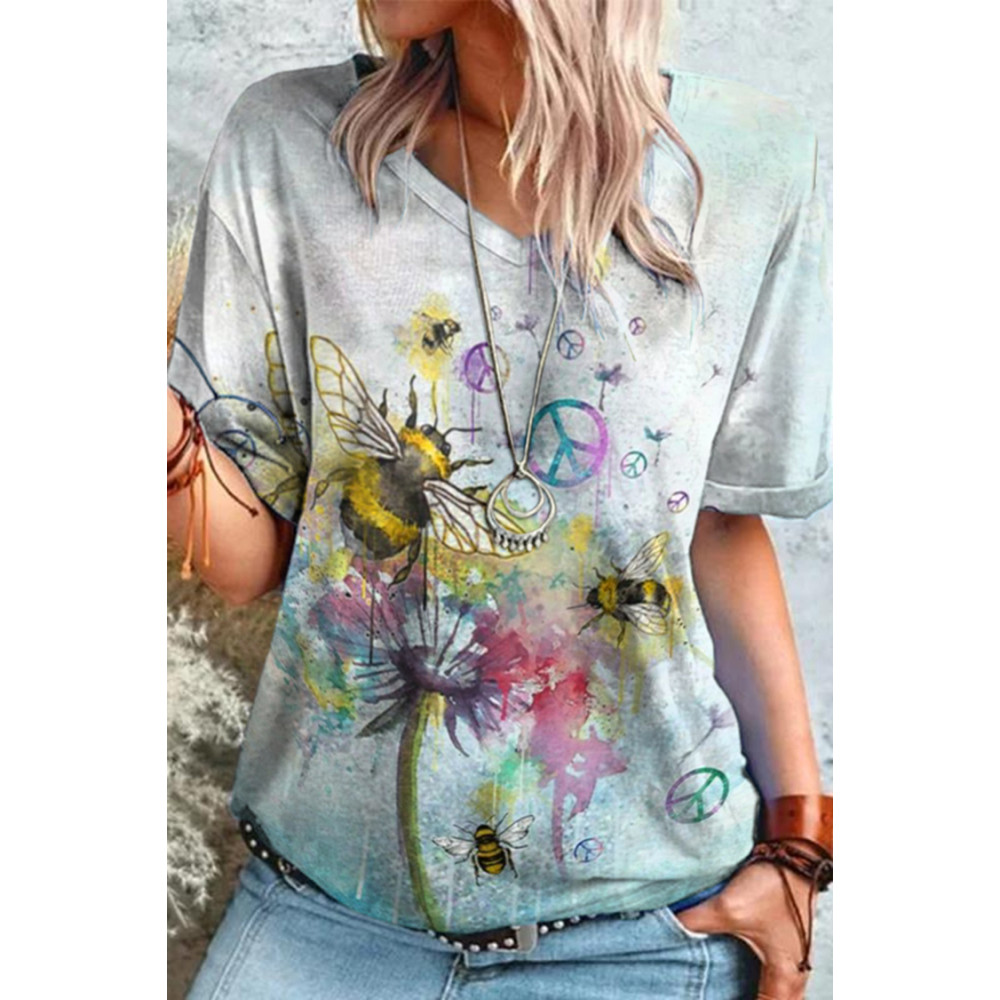 Casual Bee Peace Symbol Print T-Shirt