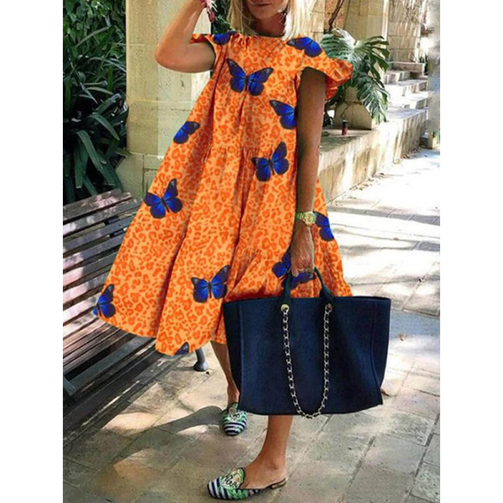 Casual Butterfly Leopard Print Midi Dress
