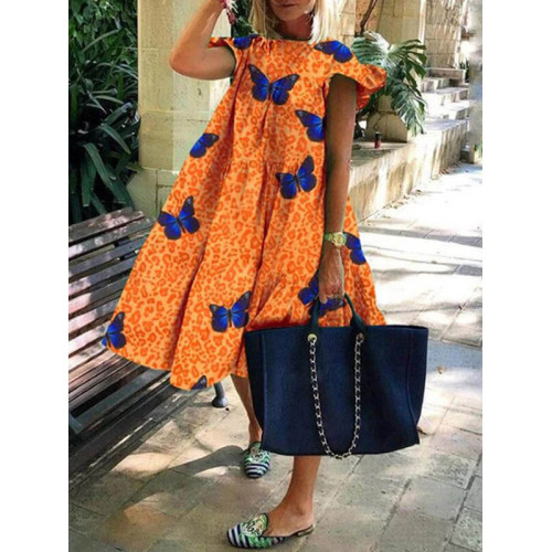 Casual Butterfly Leopard Print Midi Dress