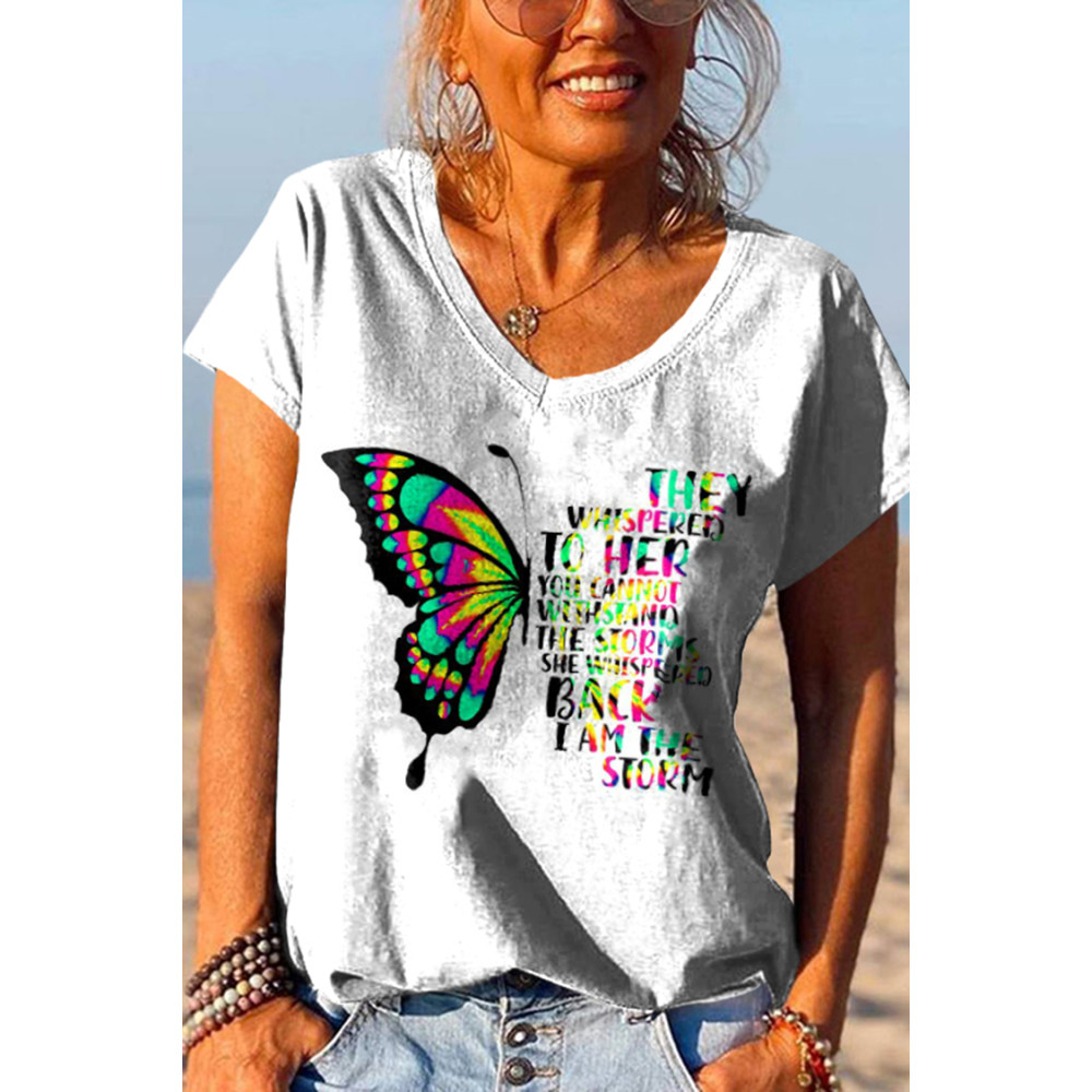 Casual Butterfly Letter Print V-Neck T-Shirt