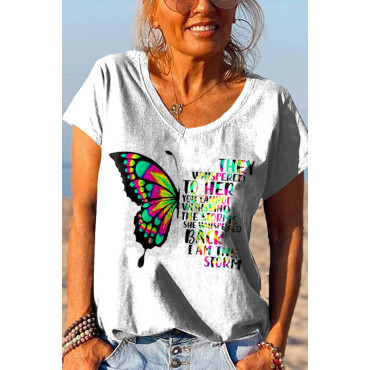 Casual Butterfly Letter Print V-Neck T-Shirt