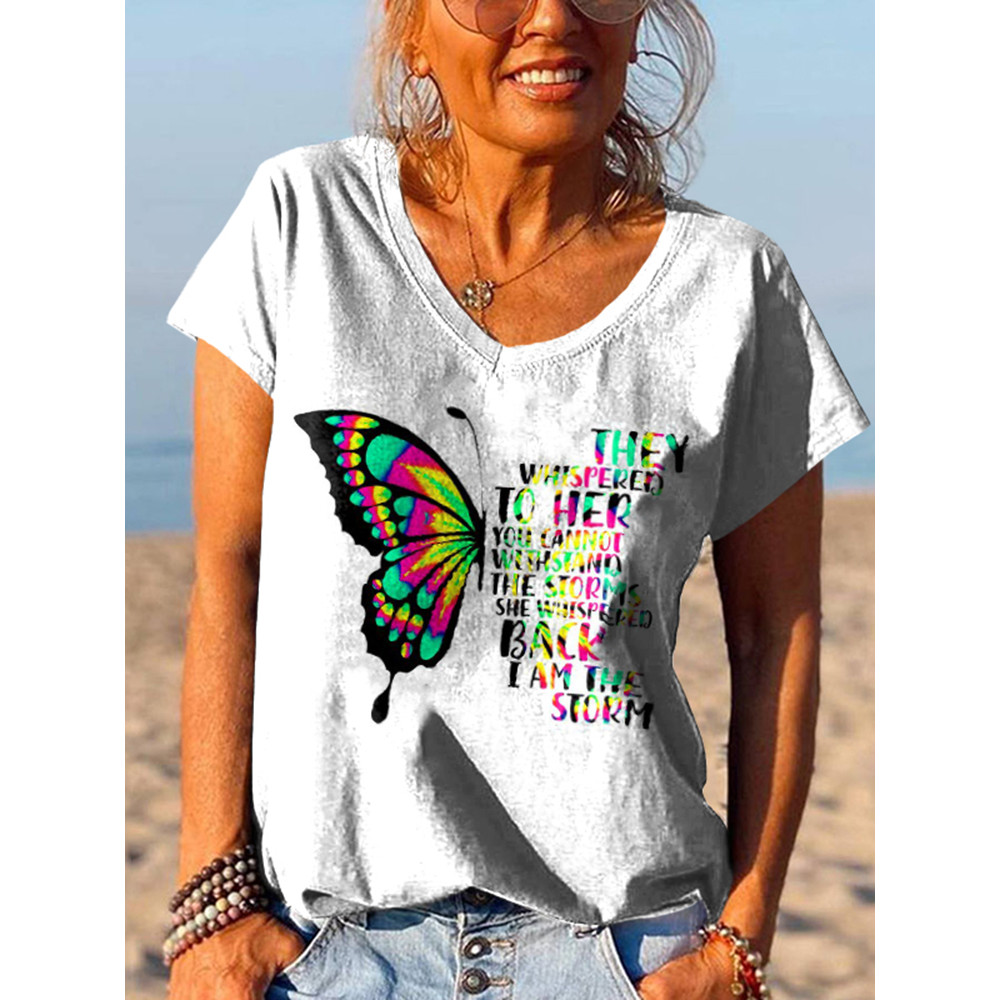 Casual Butterfly Letter Print V-Neck T-Shirt