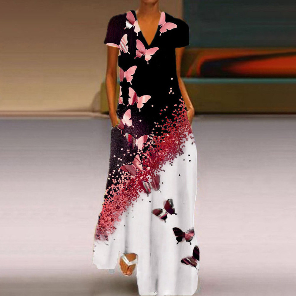 Casual Butterfly Print Short Sleeve Maxi Dress