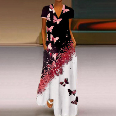 Casual Butterfly Print Short Sleeve Maxi Dress