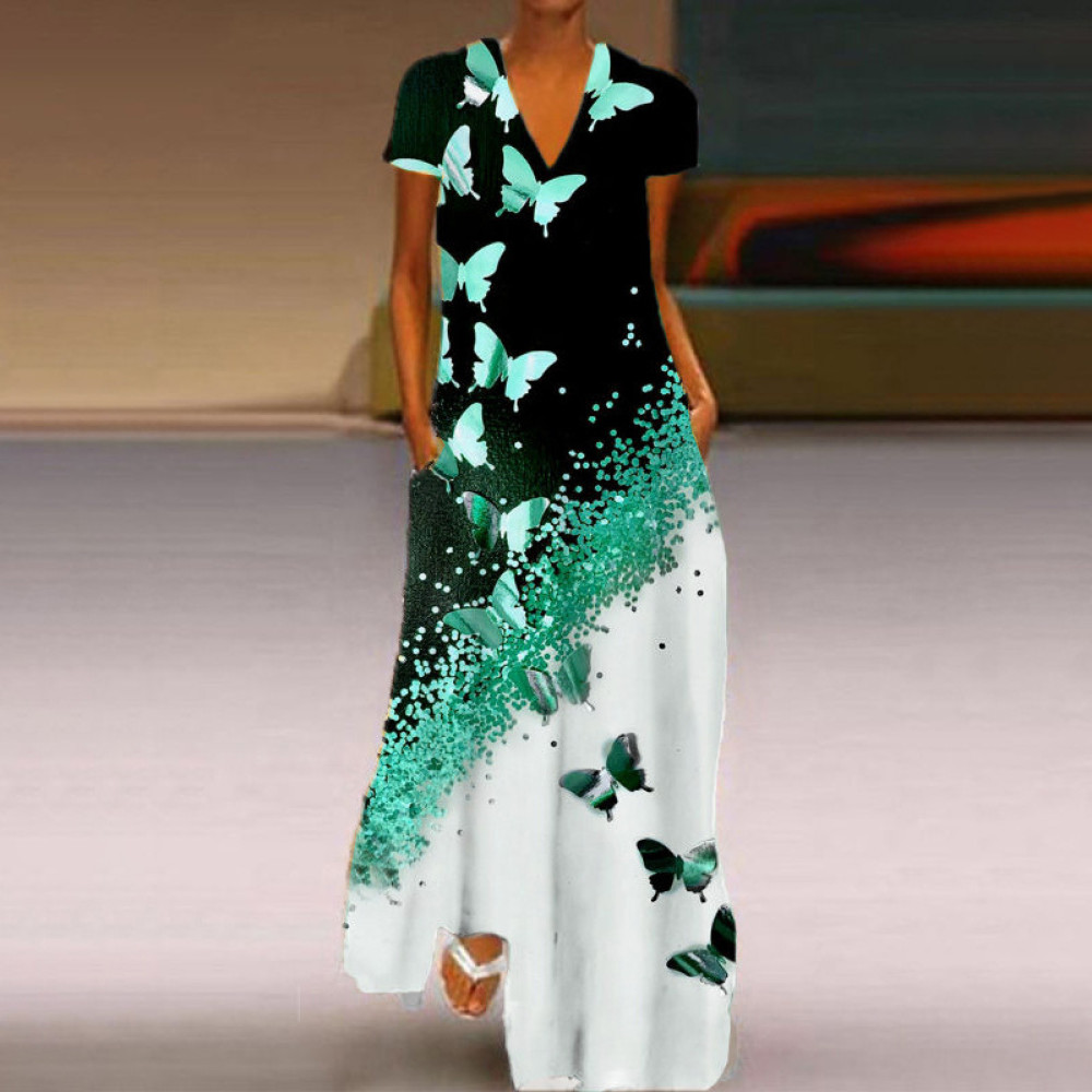 Casual Butterfly Print Short Sleeve Maxi Dress