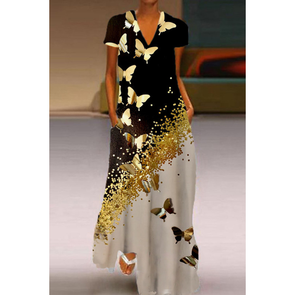 Casual Butterfly Print Short Sleeve Maxi Dress