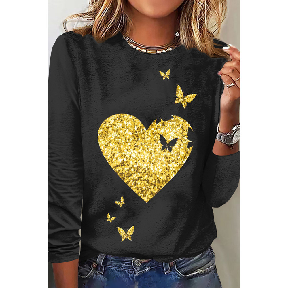 Casual Glitter Heart Butterfly Print T-Shirt