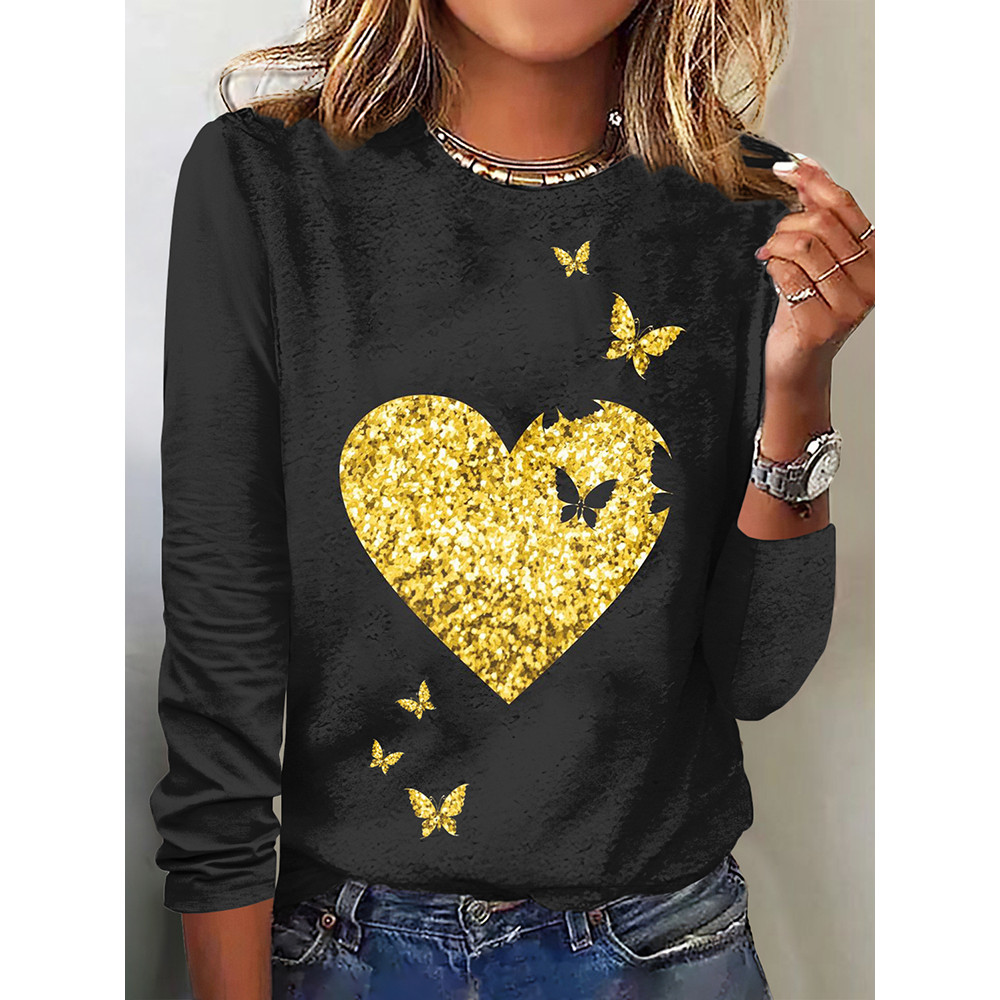 Casual Glitter Heart Butterfly Print T-Shirt
