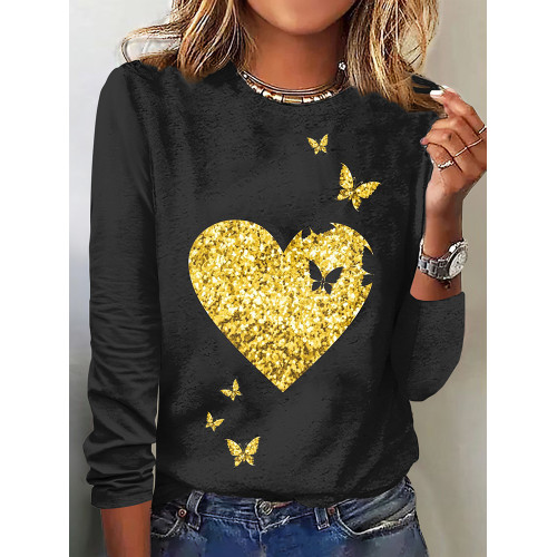 Casual Glitter Heart Butterfly Print T-Shirt