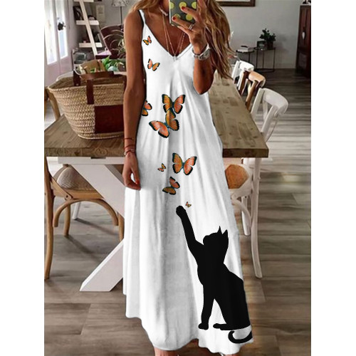 Cat & Butterflies Art Graphic Cami Maxi Dress
