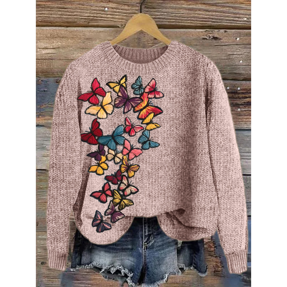 Colorful Butterflies Embroidery Art Cozy Knit Sweater