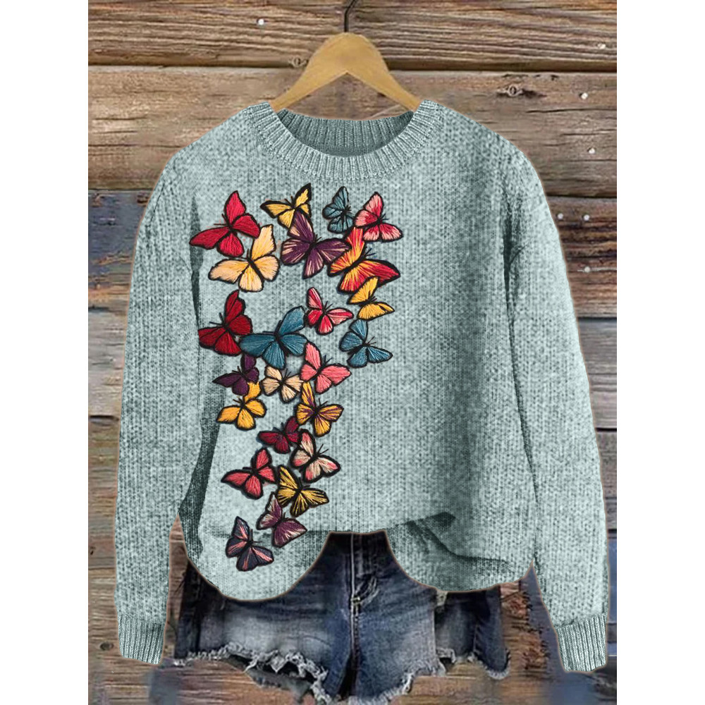 Colorful Butterflies Embroidery Art Cozy Knit Sweater