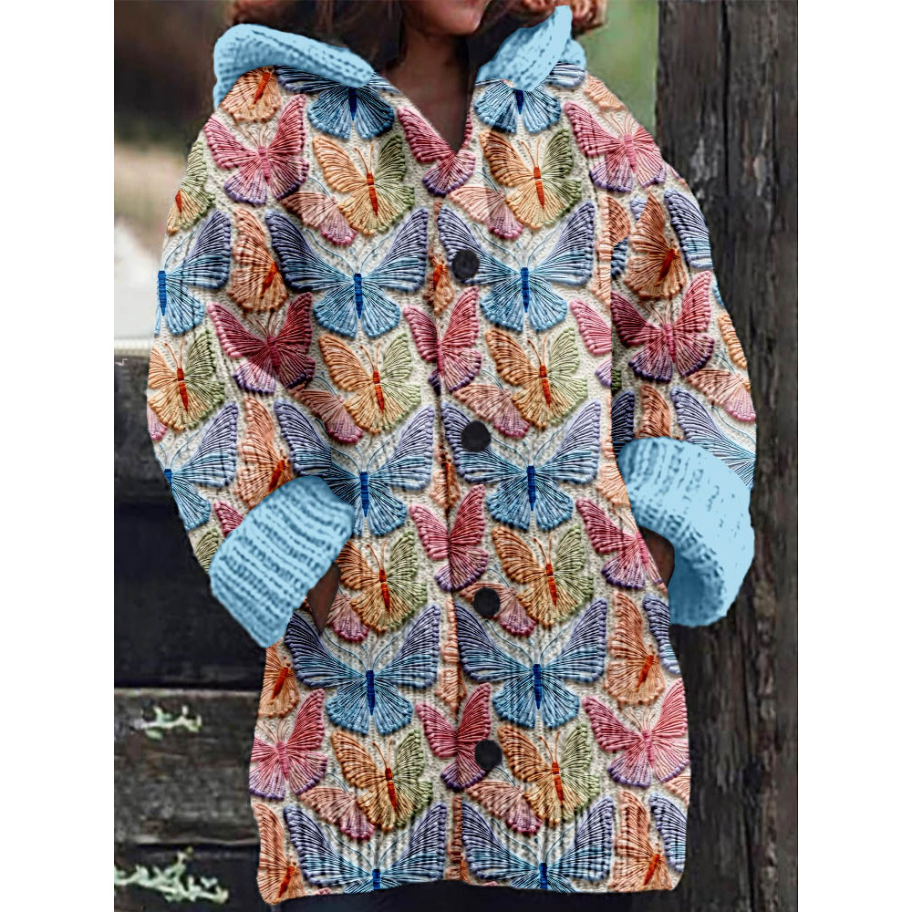 Colorful Butterfly Embroidery Art Cozy Knit Cardigan