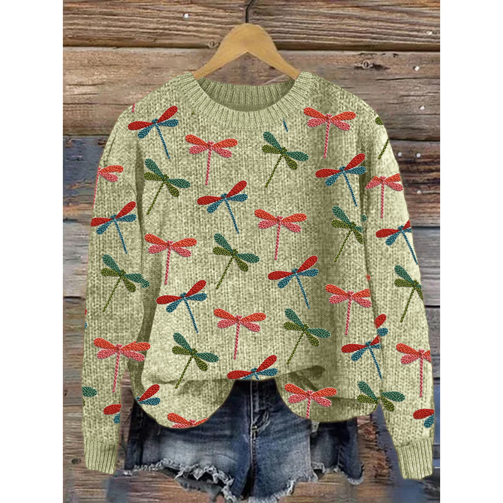 Colorful Dragonflies Embroidery Pattern Cozy Sweater
