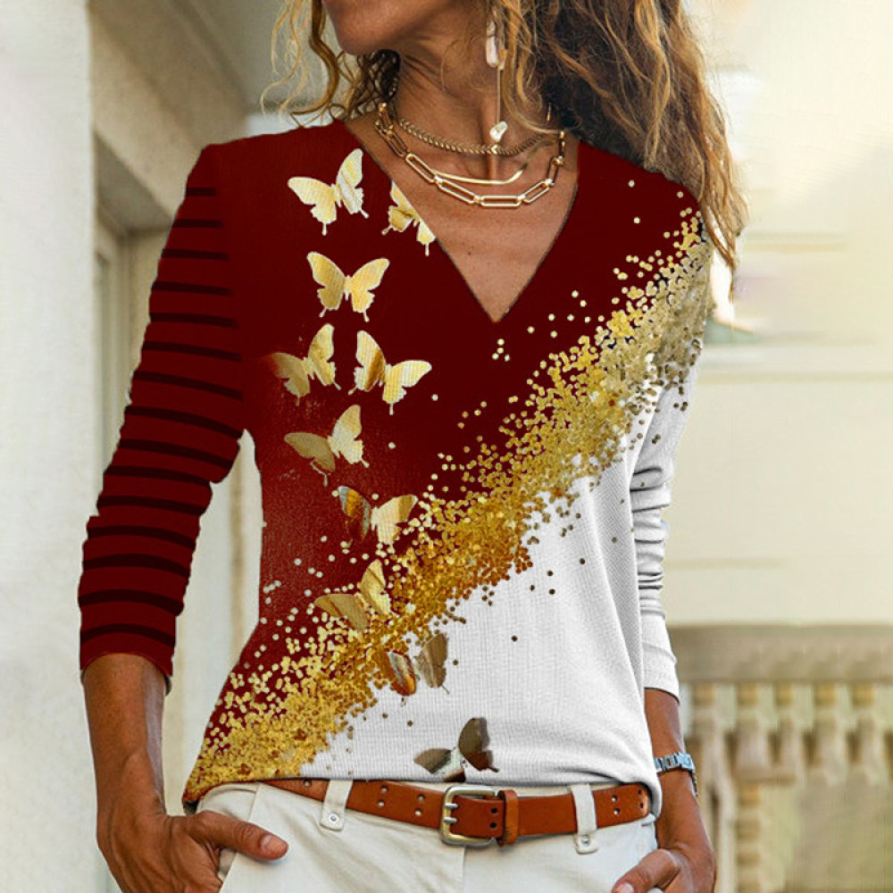 Contrast Butterfly V-Neck T-Shirt