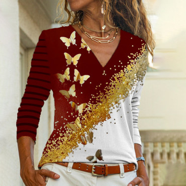 Contrast Butterfly V-Neck T-Shirt