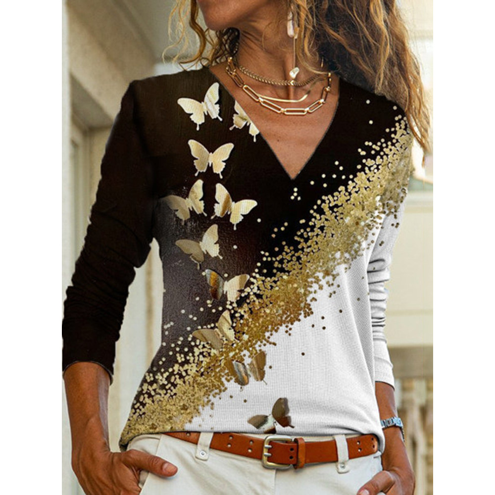 Contrast Butterfly V-Neck T-Shirt