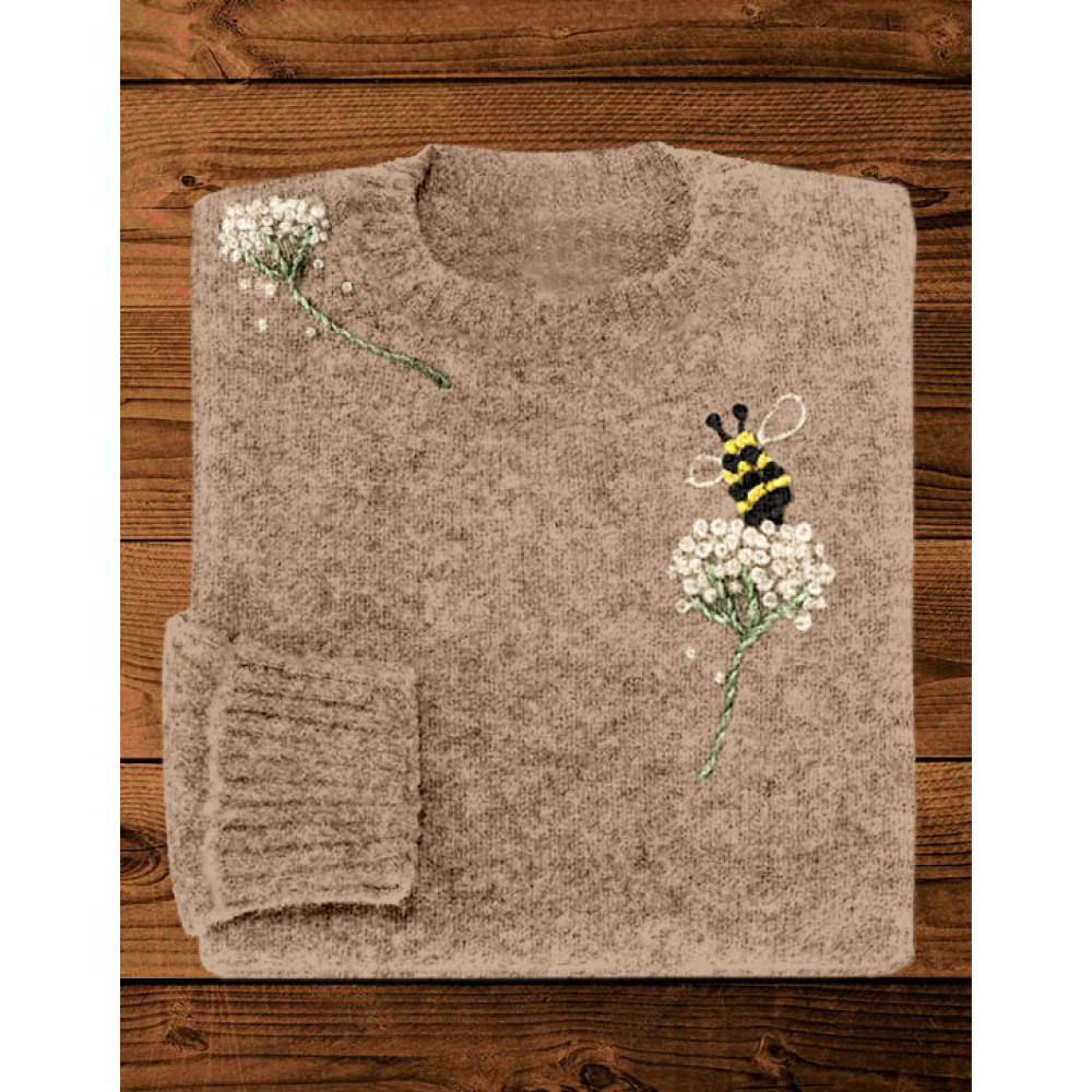 Cute Bee & Floral Embroidery Art Cozy Knit Sweater