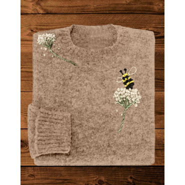 Cute Bee & Floral Embroidery Art Cozy Knit Sweater