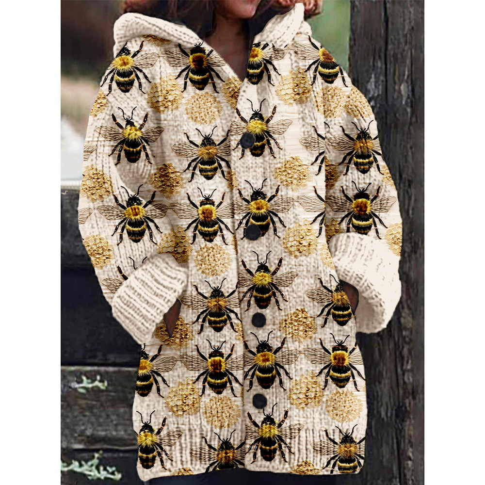 Cute Bumble Bee Embroidery Art Cozy Hooded Cardigan
