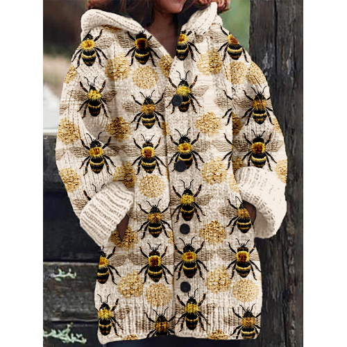 Cute Bumble Bee Embroidery Art Cozy Hooded Cardigan