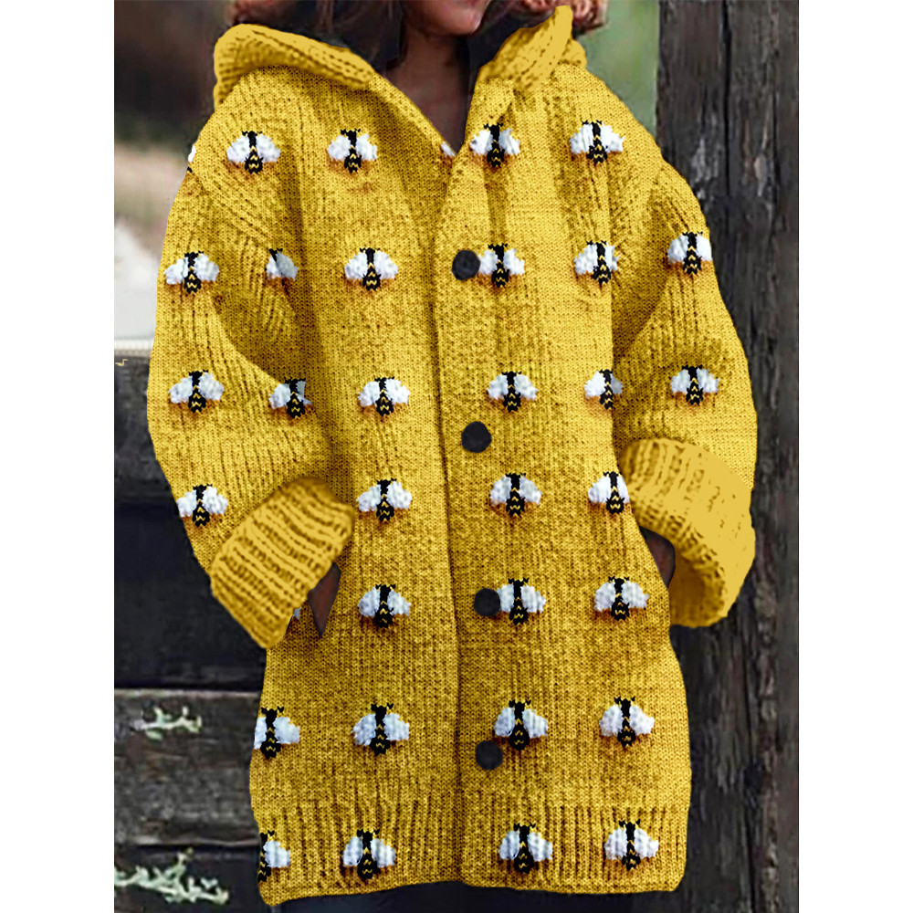 Cute Fuzzy Bee Embroidery Art Comfy Cardigan