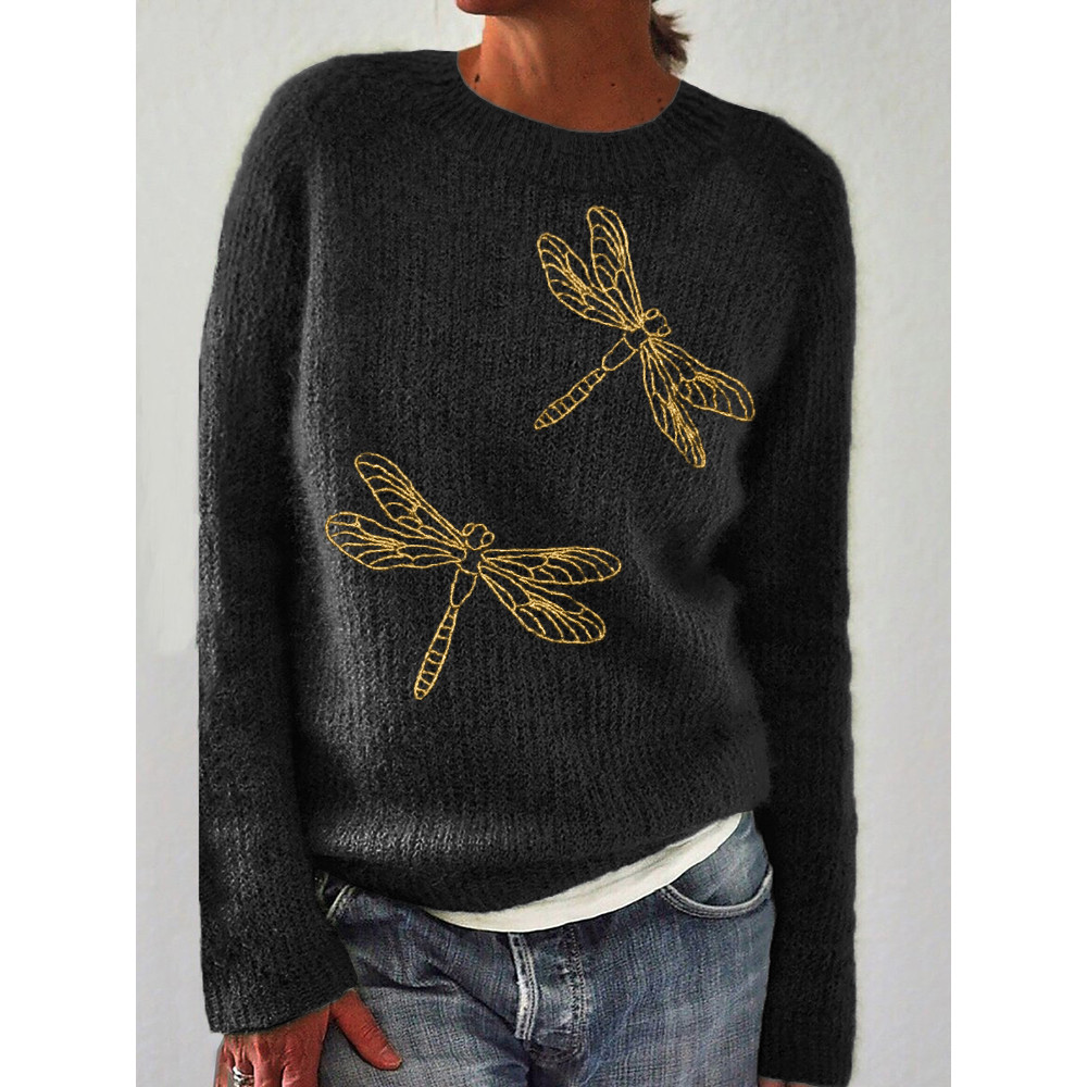 Dragonflies Golden Glitter Embroidery Cozy Sweater